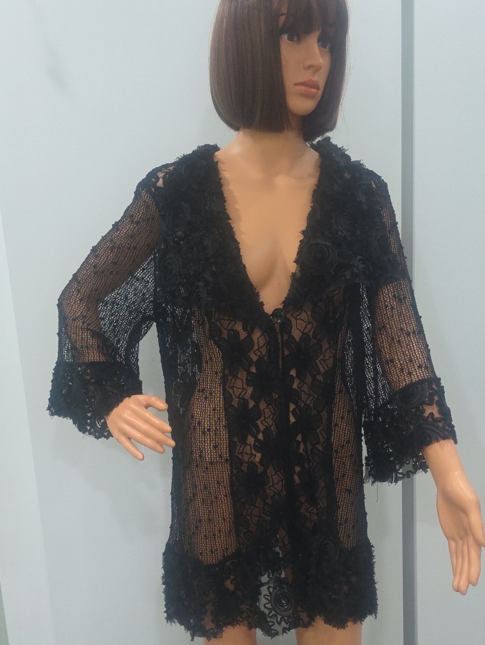 Kaktus Long Black Sheer Lace Evening Jacket with Floral Appliqué. Size Medium